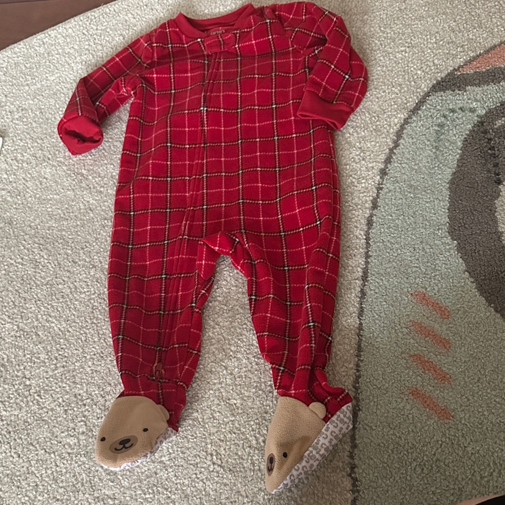 Carter's Red Plaid Footed One Piece with Bear Design